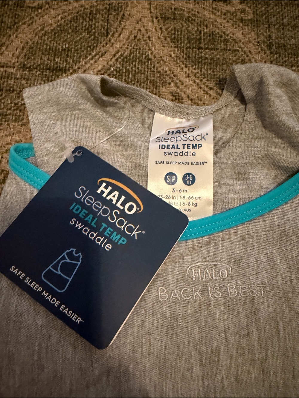 HALO SleepSack Ideal Temp Swaddle - Gray with Teal Trim 3-6 mos